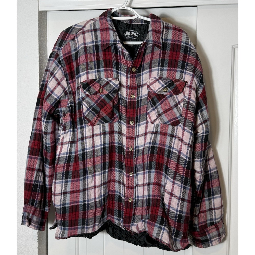 BTC Bay‎ Trading Men's Plaid Flannel Lined Quilted Shirt Jacket XL Pockets. READ